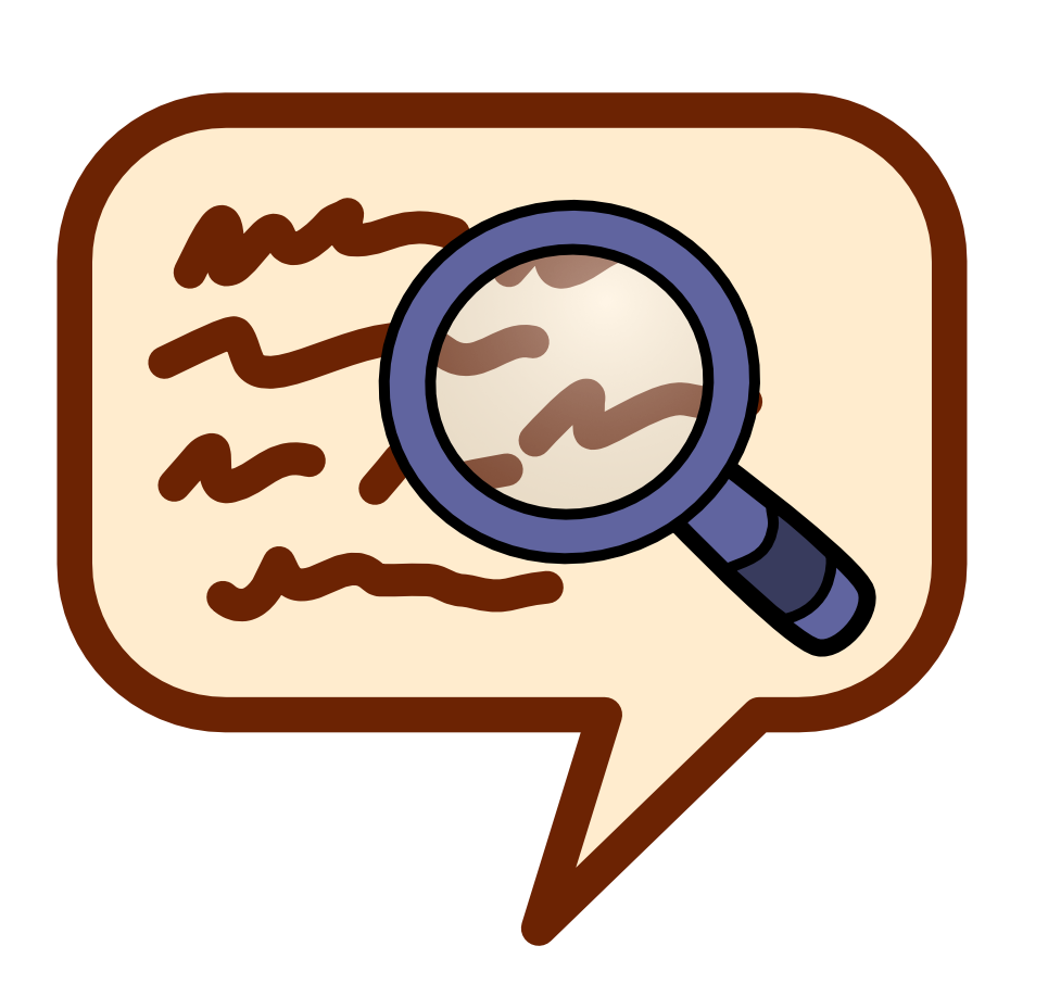 An off white speech bubble has a blue magnifying glass inside it hovering over a brick of brown scribbles. The image has dark line art.